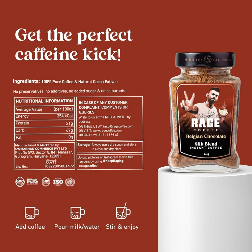 Rage Coffee Silk Blend Instant Coffee | Belgian Chocolate Silk Blend Flavoured Coffee 60 GMs | | 100% Pure Instant Coffee | Premium, Bold & Smooth