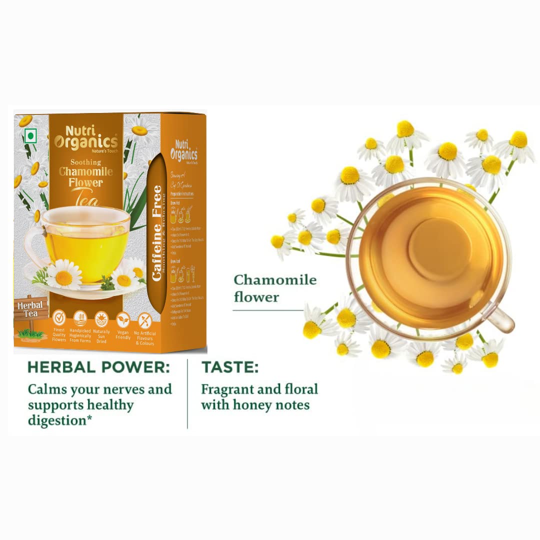 Nutri Organics Herbal Tea Ayurvedic Chamomile Flower Tea | Natural Sun-Dried Chamomile Flower Buds - 25g | SLEEP TEA & STRESS RELIEF | Herbal Tea - Caffeine Free | Calming Tisane - Soothing Tea