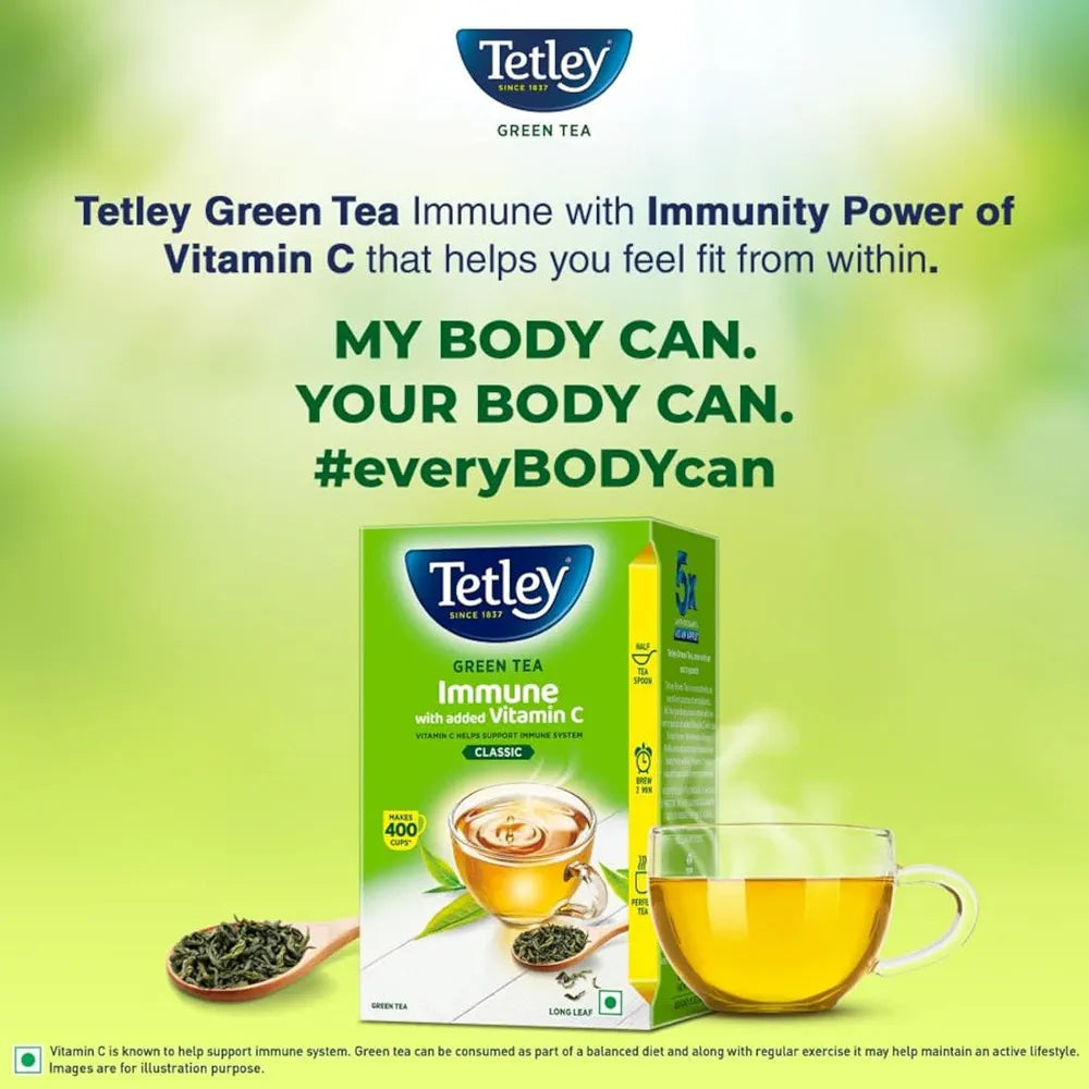 Tetley Green Tea Immune With Added Vitamin C, Classic Green Tea, Makes 400 Cups, Long Leaf Tea, 5X Antioxidants As An Apple - 500 Gm