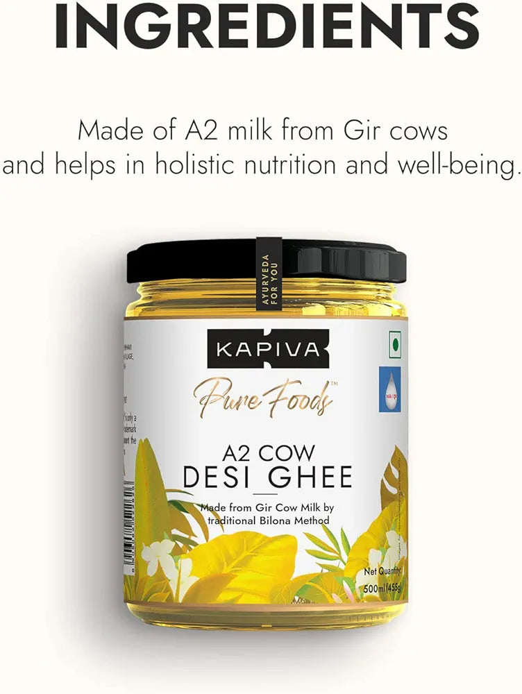 Kapiva A2 Desi Cow Ghee 500Ml | Bilona Method, Curd-Churned | Pure, Natural, Healthy | Grass-Fed Cultured Ghee - Super Saver Pack Of 2