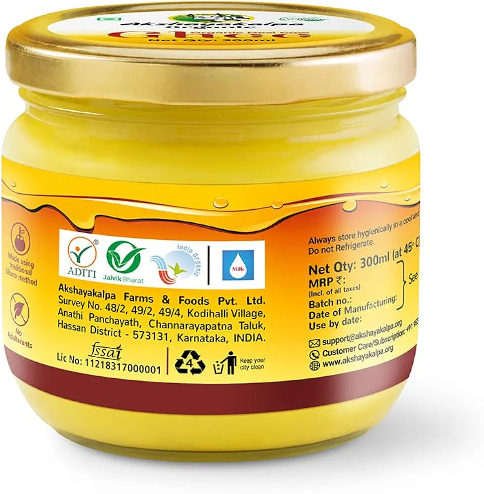 Akshayakalpa Organic Desi Cow Ghee, 300ml - Pure organic ghee, traditionally-churned, chemical-free, granular ghee, nutritious by nature