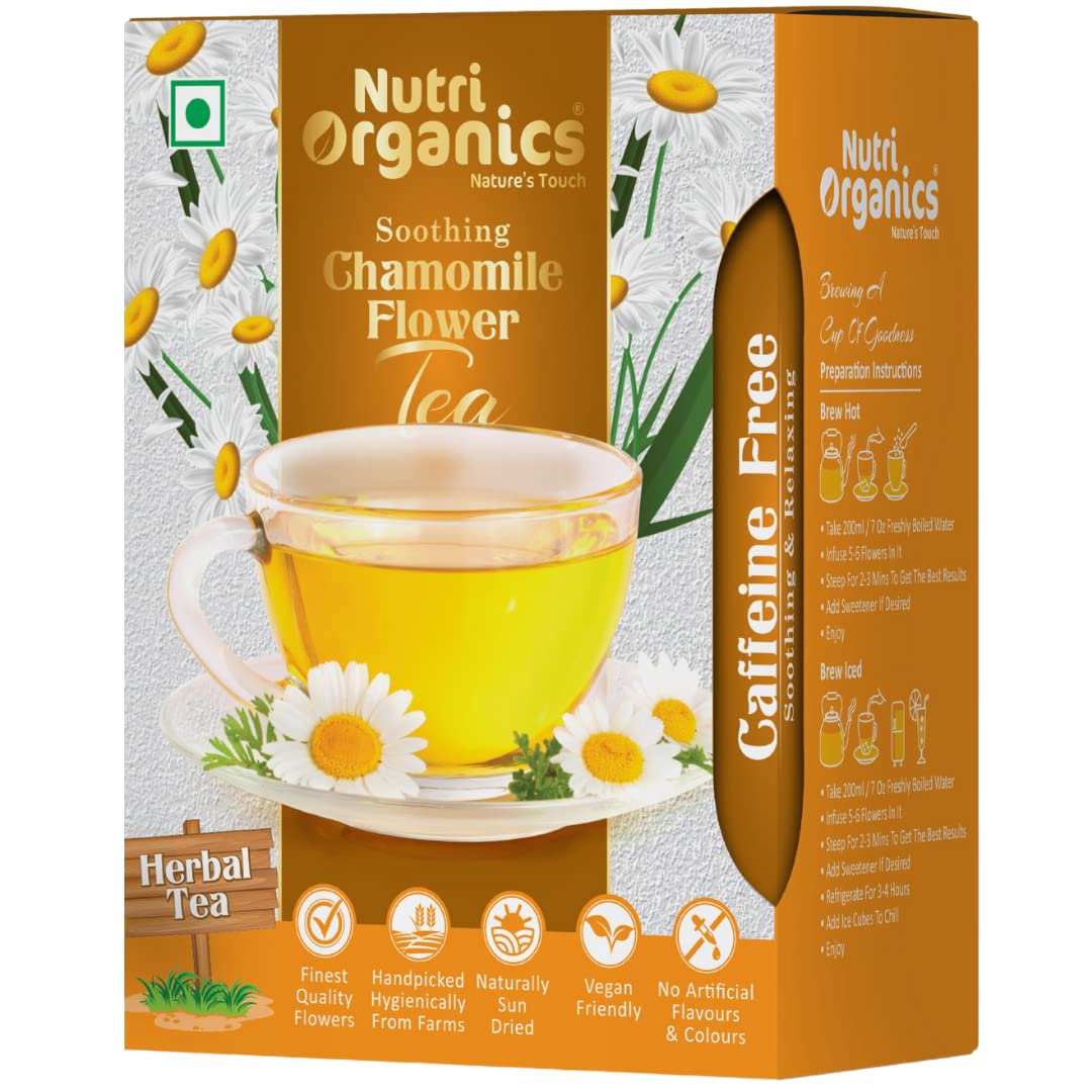 Nutri Organics Herbal Tea Ayurvedic Chamomile Flower Tea | Natural Sun-Dried Chamomile Flower Buds - 25g | SLEEP TEA & STRESS RELIEF | Herbal Tea - Caffeine Free | Calming Tisane - Soothing Tea