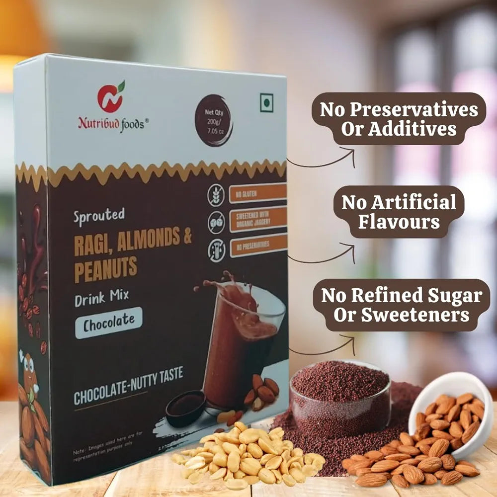 Nutribud Foods Sprouted Ragi, Almonds & Peanuts Drink Mix  -  | Chocolate Milk Mix Powder, Sweetened with Jaggery Powder , Chocolate Nutty Taste