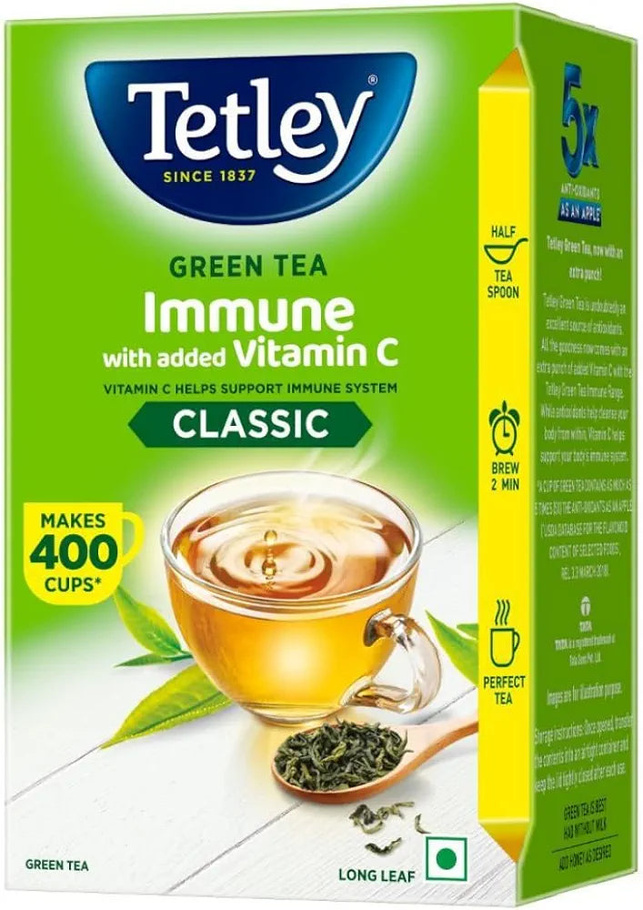 Tetley Green Tea Immune With Added Vitamin C, Classic Green Tea, Makes 400 Cups, Long Leaf Tea, 5X Antioxidants As An Apple - 500 Gm