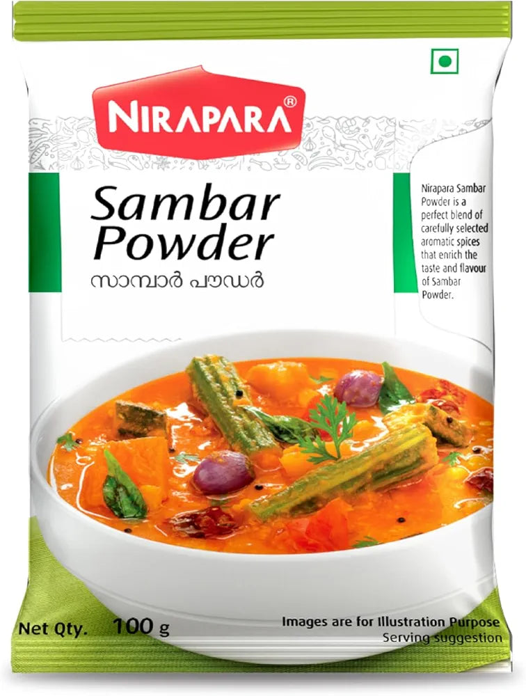 Nirapara Sambar Masala for Incredible Taste and Flavour| Perfectly Blended for Rich Texture & Aroma| Ready to Cook Masala| No Artificial Flavours & Colours| Hygienically Packed| 100g x 5| 500 gms