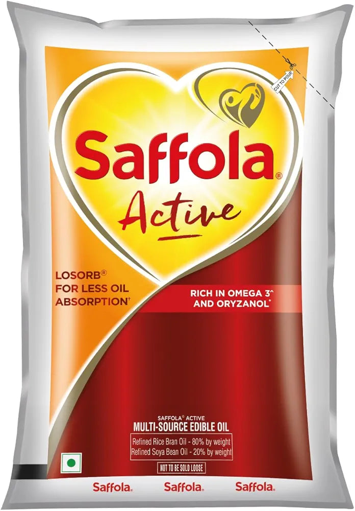 Saffola Active Refined Cooking oil | Rich in Omega 3 & Oryzanol | Multi-Source Edible Rice Bran & SoyaBean oil | 1 Litre pouch