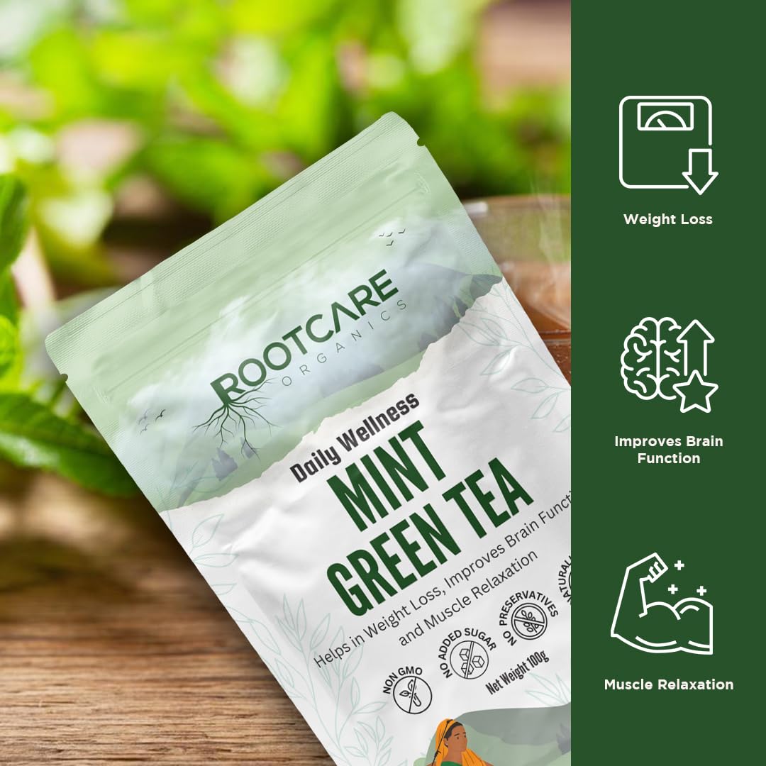 Rootcare Organics Premium Mint Green Tea - 100 gms - Veeha Foods