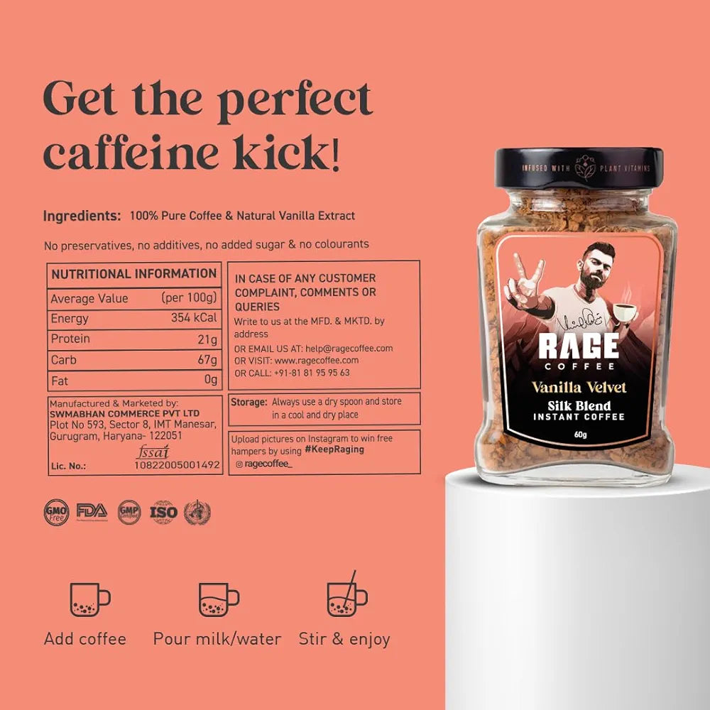 Rage Coffee Silk Blend Instant Coffee | Vanilla Velvet Silk Blend Flavoured Coffee 60 GMs | 100% Pure Instant Coffee | Premium, Bold & Smooth