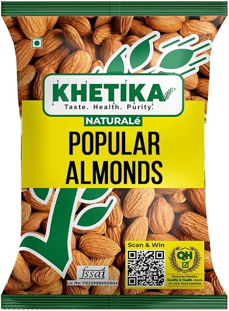 Khetika Naturale California Almonds 500G | Whole Crunchy Almonds | Premium Badam Giri | High in Fibre | Gluten Free