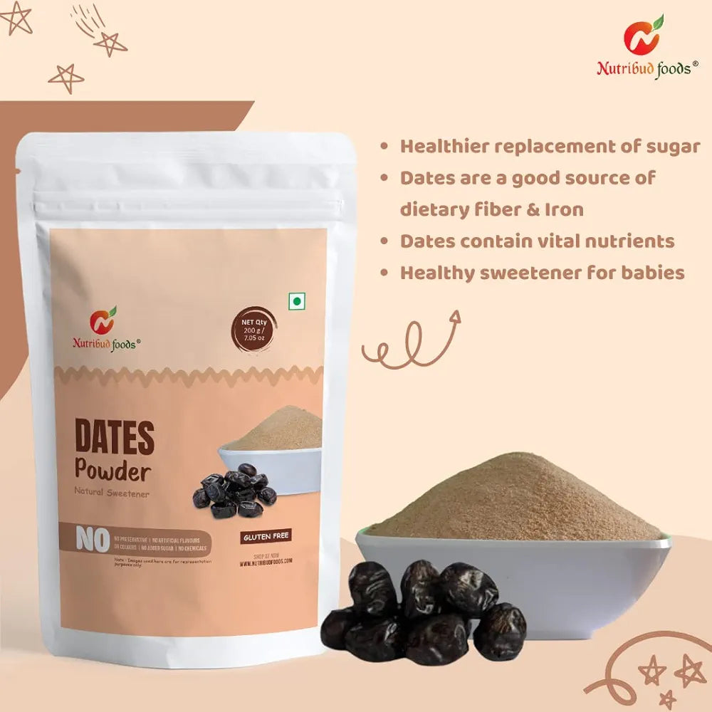 Nutribud Foods Dates Powder -- Natural Sweetener  | Healthy Substitute For Refined Sugar | Khajoor/Khajur Powder For Kids & Adults | No Added Sugar | No Preservatives | No Artificial Additives