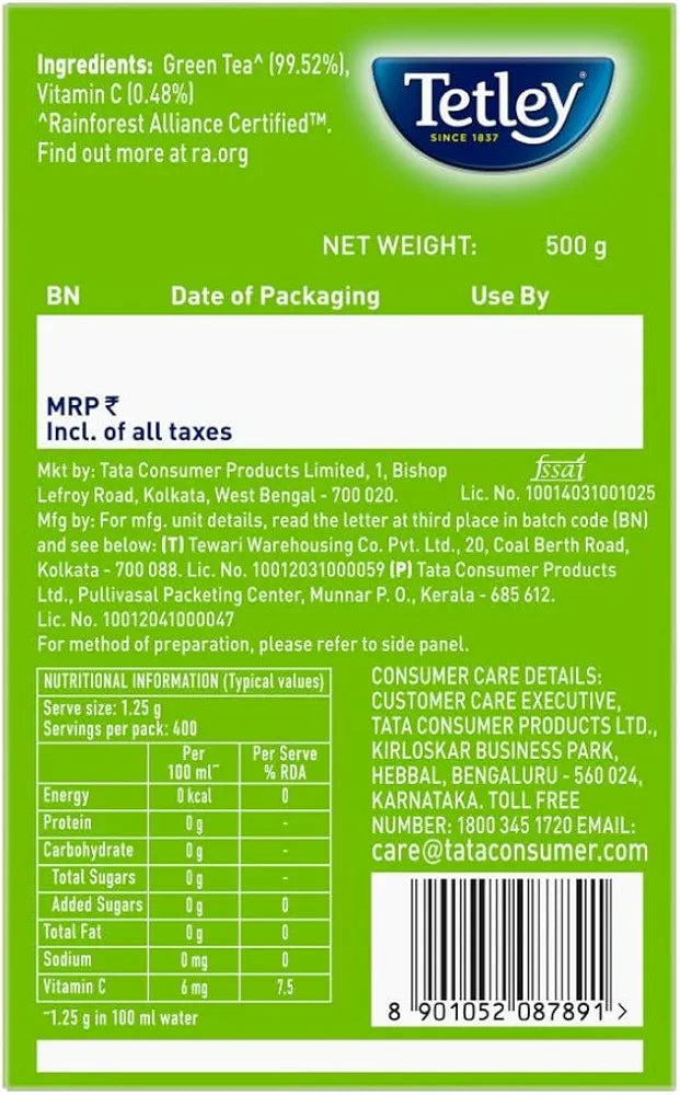 Tetley Green Tea Immune With Added Vitamin C, Classic Green Tea, Makes 400 Cups, Long Leaf Tea, 5X Antioxidants As An Apple - 500 Gm