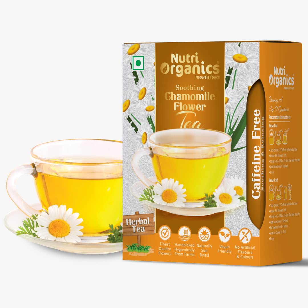 Nutri Organics Herbal Tea Ayurvedic Chamomile Flower Tea | Natural Sun-Dried Chamomile Flower Buds - 25g | SLEEP TEA & STRESS RELIEF | Herbal Tea - Caffeine Free | Calming Tisane - Soothing Tea