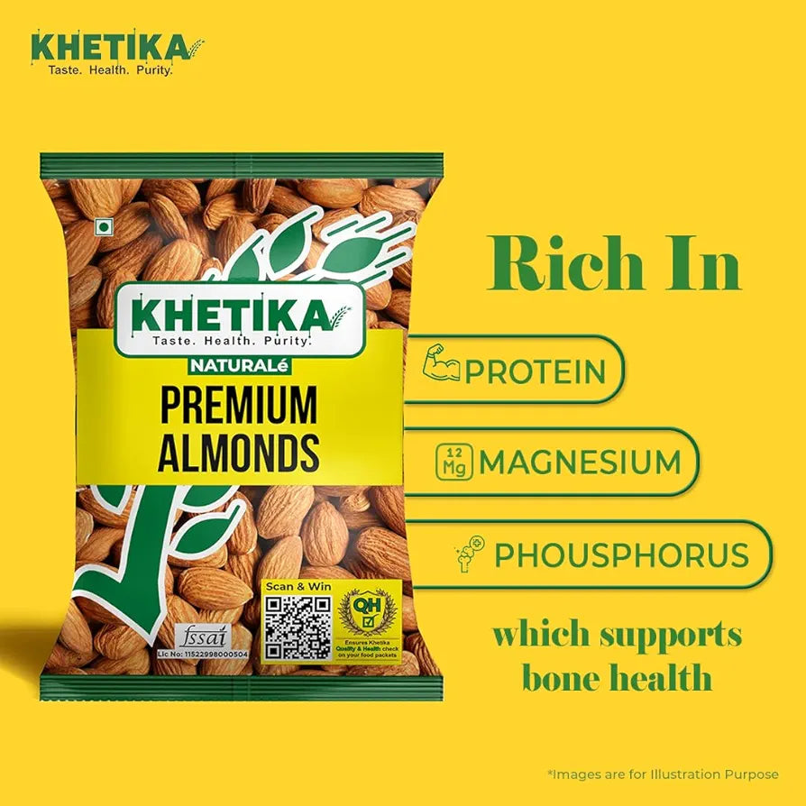 Khetika Naturale California Almonds 500G | Whole Crunchy Almonds | Premium Badam Giri | High in Fibre | Gluten Free