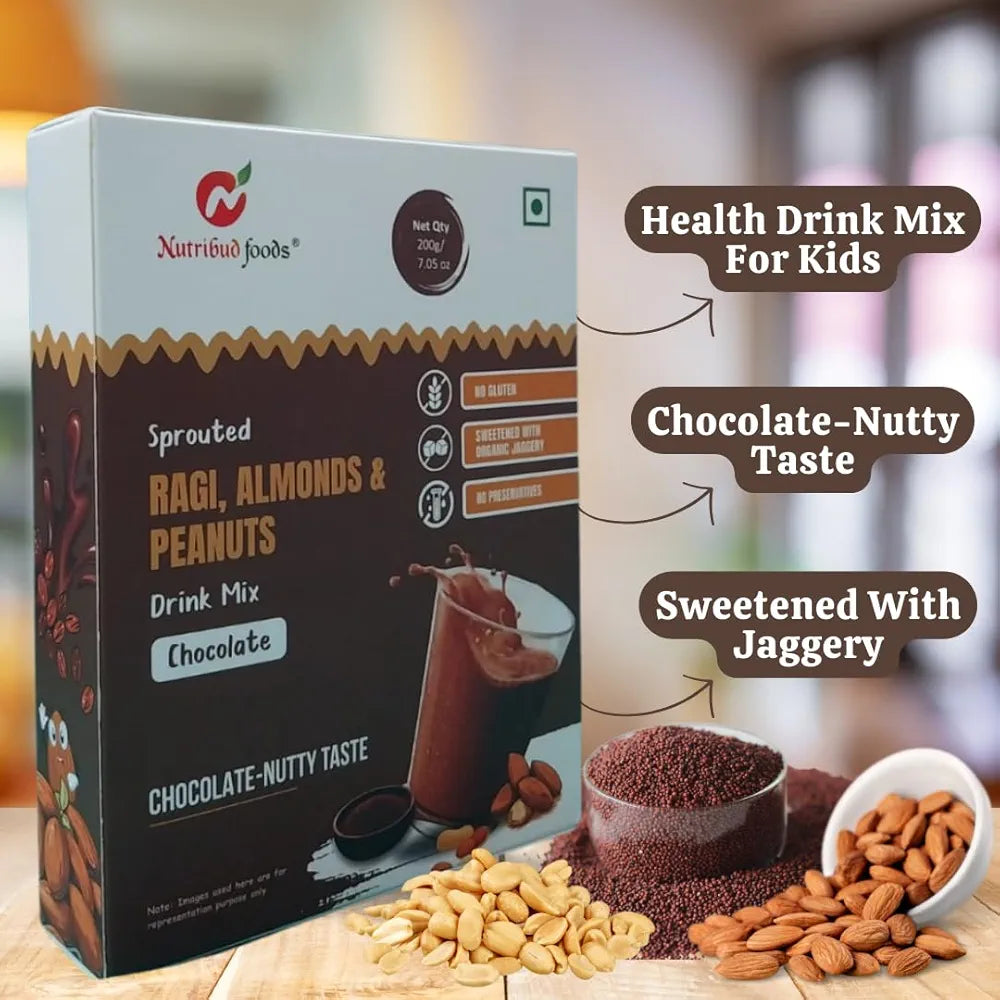 Nutribud Foods Sprouted Ragi, Almonds & Peanuts Drink Mix  -  | Chocolate Milk Mix Powder, Sweetened with Jaggery Powder , Chocolate Nutty Taste