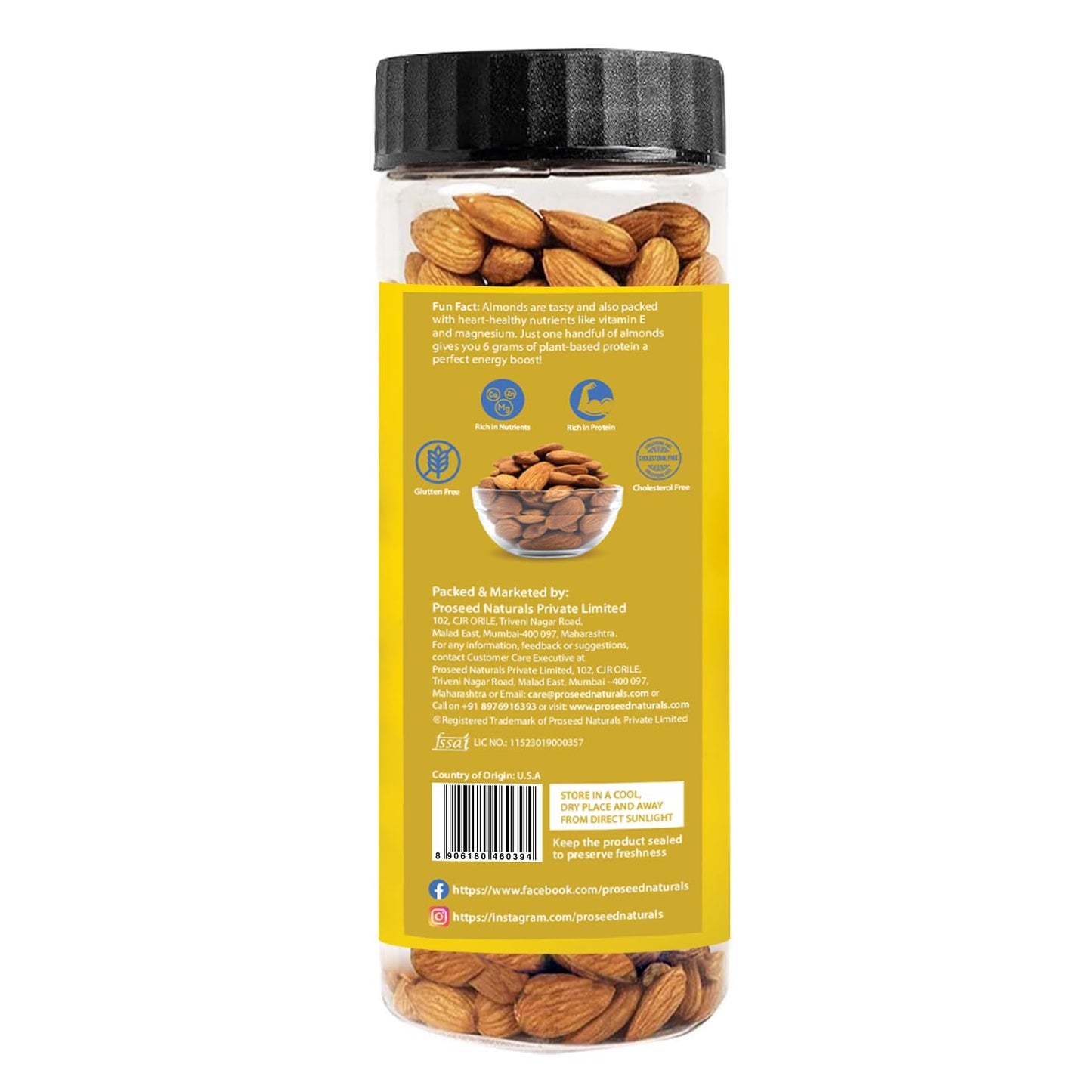 Proseed Natural Premium Whole Almonds/Badaam 300 Gx 1 | 100% Natural Crunchy Badam Giri | Nuts & Dry Fruits | Rich in Protein, Fibre, Vitamin E, Magnesium & Calcium | Healthy Snacks | Dry Fruit Gift | (300 Grams x Pack of 1)