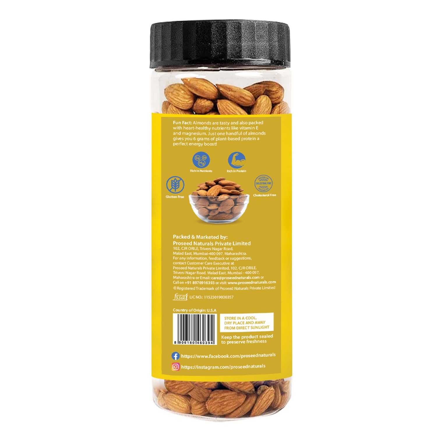 Proseed Natural Premium Whole Almonds/Badaam 300 Gx 1 | 100% Natural Crunchy Badam Giri | Nuts & Dry Fruits | Rich in Protein, Fibre, Vitamin E, Magnesium & Calcium | Healthy Snacks | Dry Fruit Gift | (300 Grams x Pack of 1)