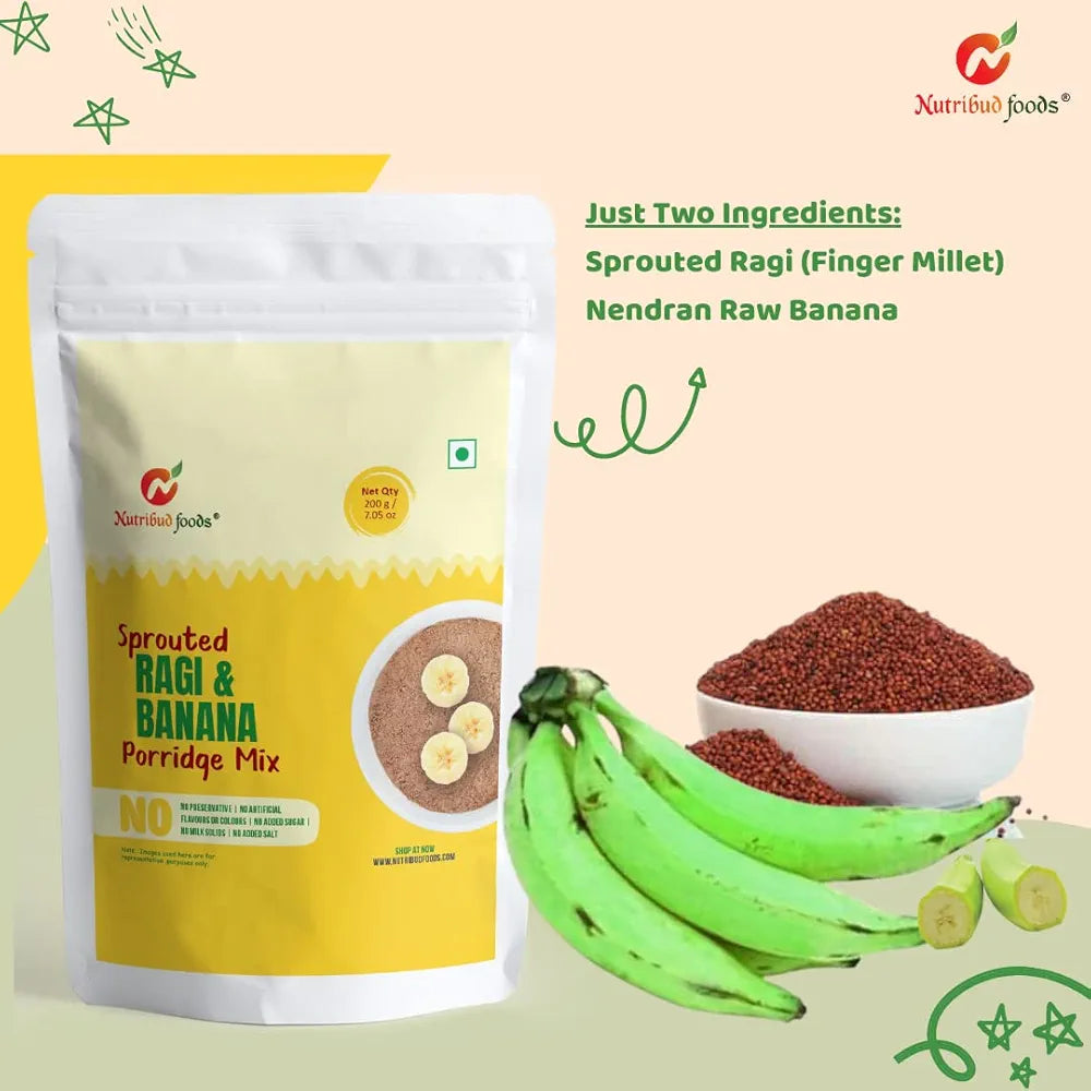 Nutribud Foods Sprouted Ragi & Banana Porridge Mix  | 100% Natural Ingredients | Healthy For Little Ones | No Added Sugar | No Preservatives | No Artificial Flavours or Colours | No Milk Solids