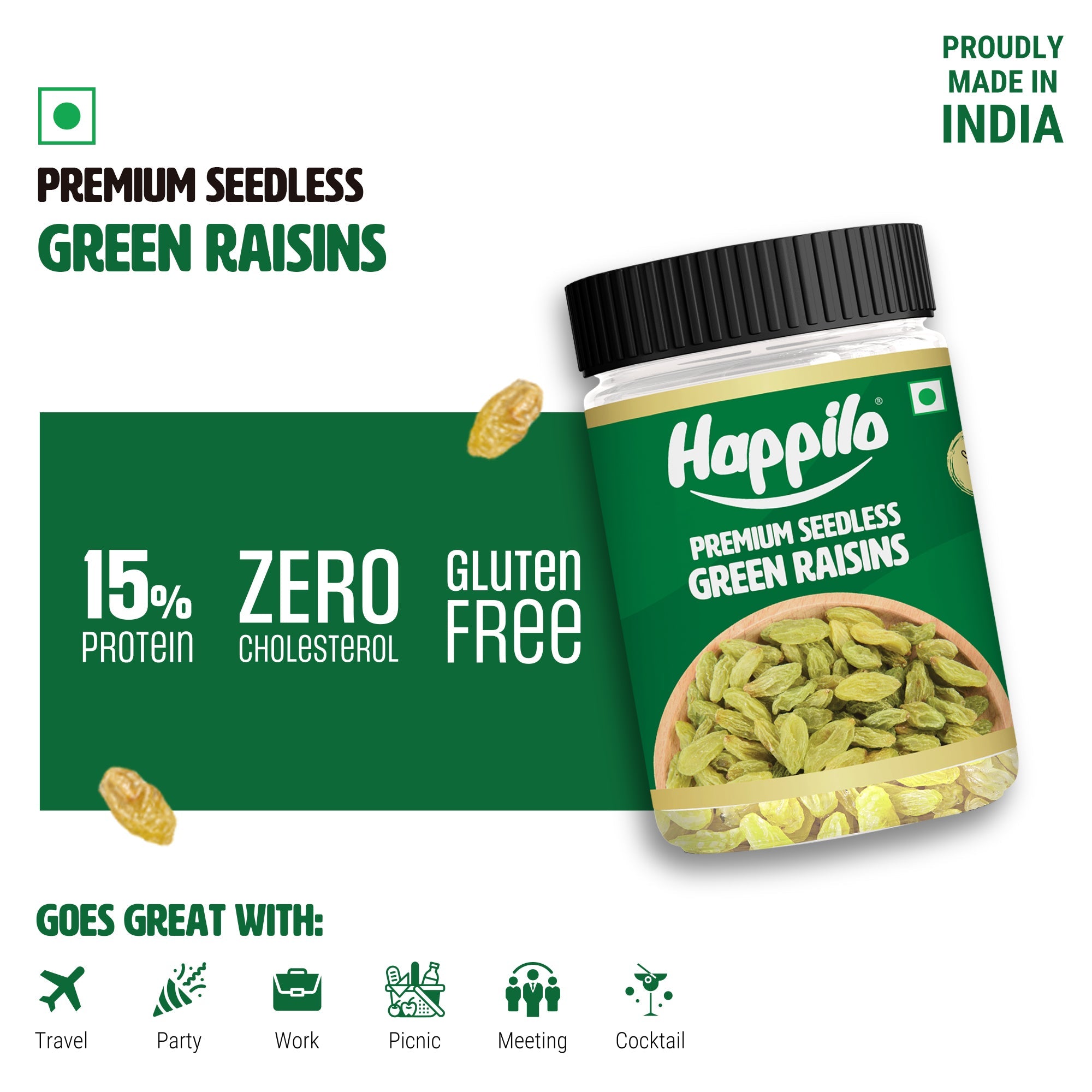 Happilo Premium Seedless Green Raisins - 250 gms Jar - Veeha Foods