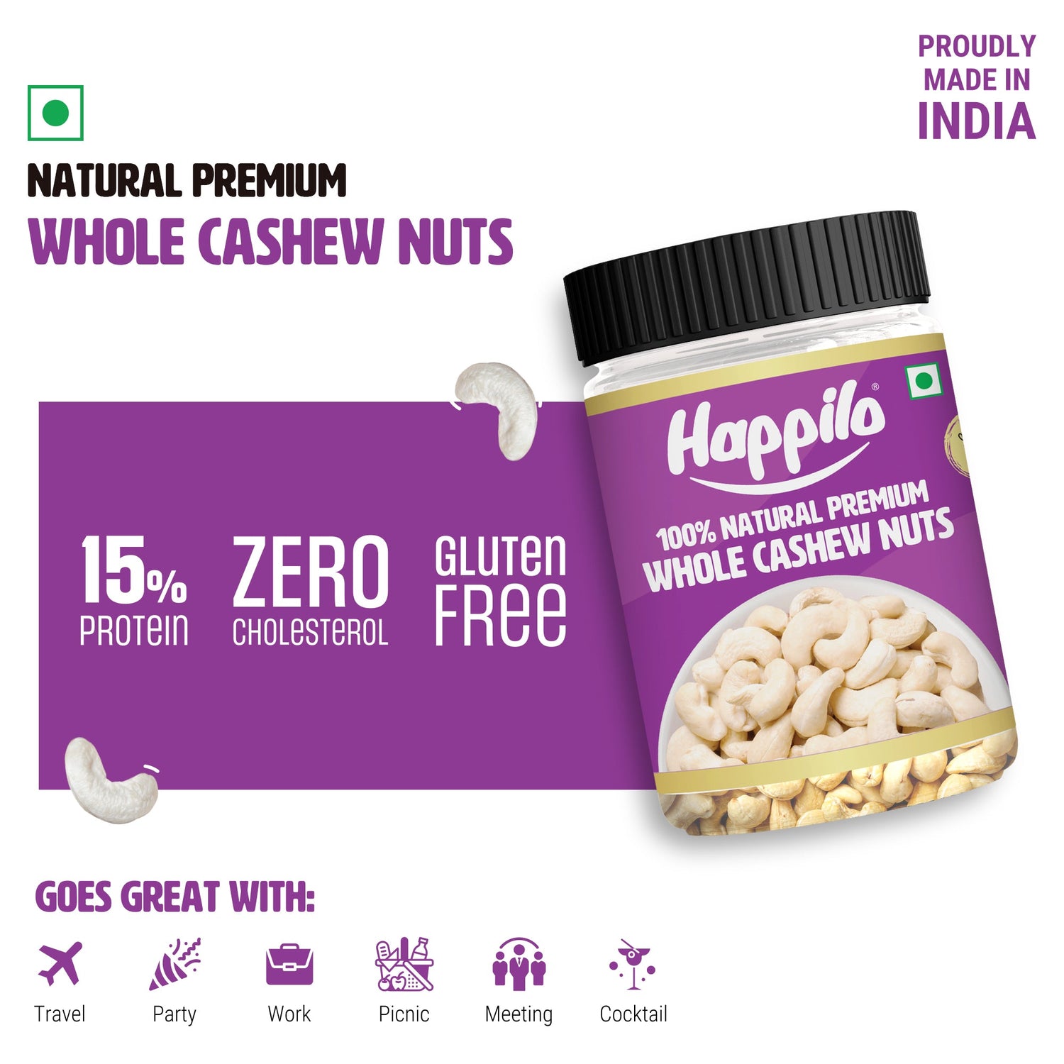 Happilo Premium Natural Whole Cashews 200g Jar