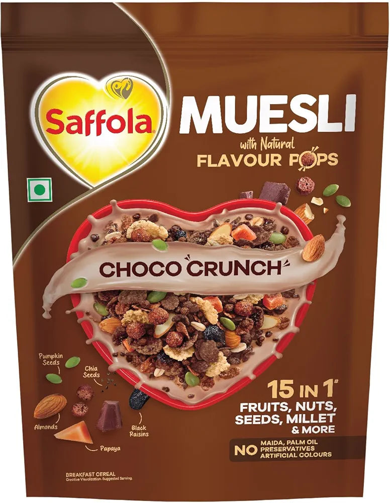 Saffola Muesli Choco Crunch with Flavour Pops, 450 gm | 15 in 1 Fruit and Nuts, Seeds, Millet & more | Cereals for breakfast with wholegrain, protein, fibre