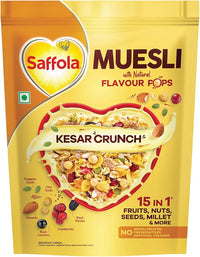 Saffola Muesli Kesar Crunch with Flavour Pops, 450 gm | 15 in 1 Fruit and Nuts, Seeds, Millet & more | Cereals for breakfast with wholegrain, protein, fibre