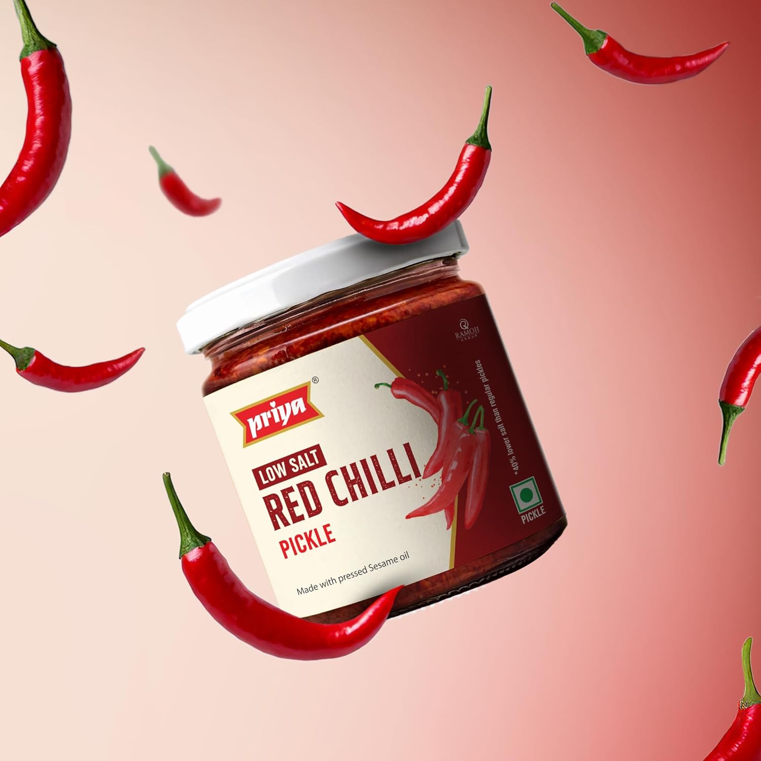 Priya Low Salt Red Chilli Pickle - 210 gms - Veeha Foods