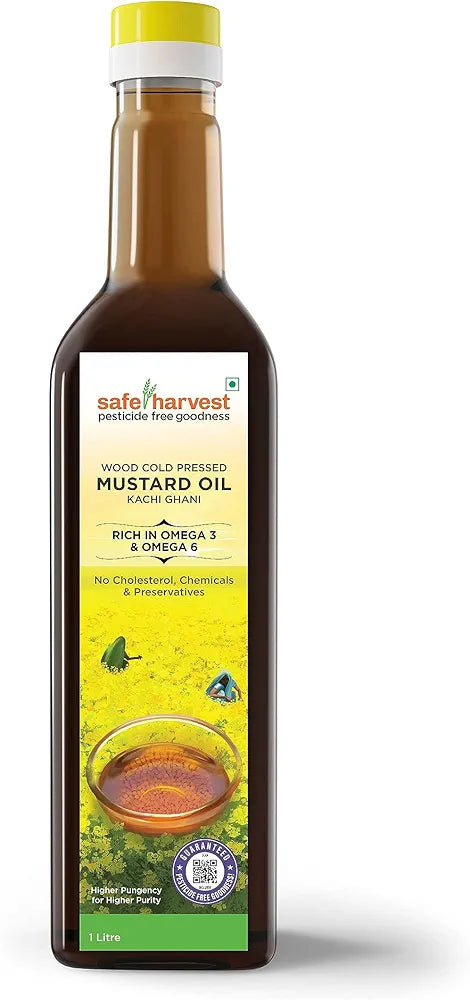 Safe Harvest Pesticide Free Wood Cold Pressed Mustard Oil/Kolhu, High Pungency, Rich in Omega 3 and 6