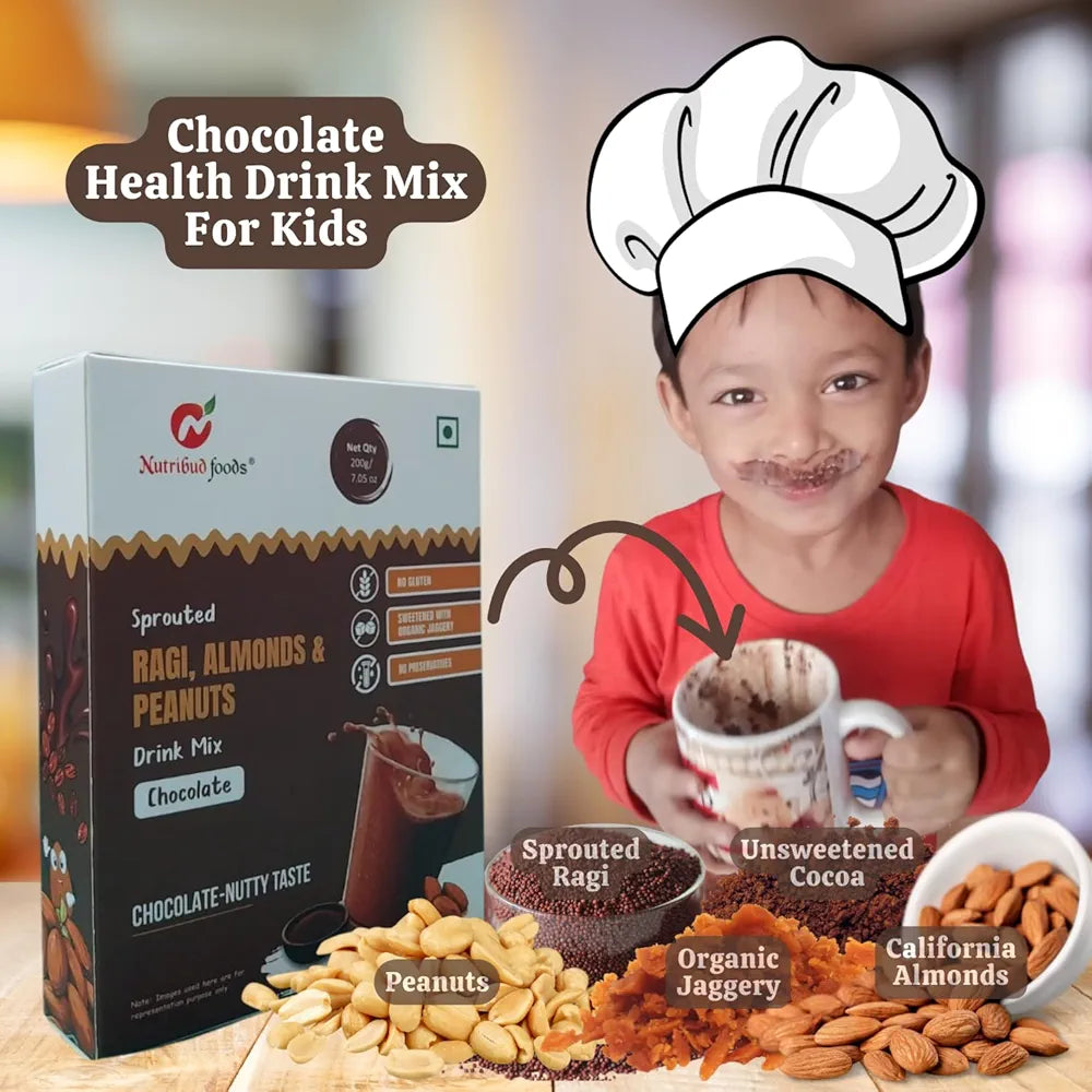 Nutribud Foods Sprouted Ragi, Almonds & Peanuts Drink Mix  -  | Chocolate Milk Mix Powder, Sweetened with Jaggery Powder , Chocolate Nutty Taste