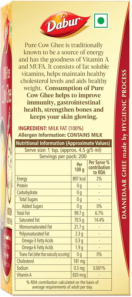 Dabur 100% Pure Daanedaar Cow Ghee With Rich Aroma | Naturally Improves Digestion And Boosts Immunity -1L, 899 Grams