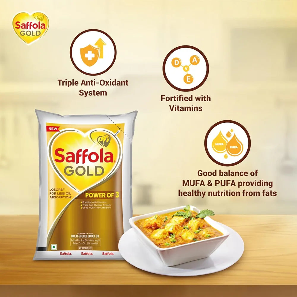 Saffola Gold Refined Cooking oil | Power of 3 - Balance of Good Fats, Triple Anti-Oxidant System & Fortified with Vitamins | Multi-Source Edible Rice Bran & Corn Oil | 1 Litre Pouch