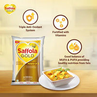 Saffola Gold Refined Cooking oil | Power of 3 - Balance of Good Fats, Triple Anti-Oxidant System & Fortified with Vitamins | Multi-Source Edible Rice Bran & Corn Oil | 1 Litre Pouch