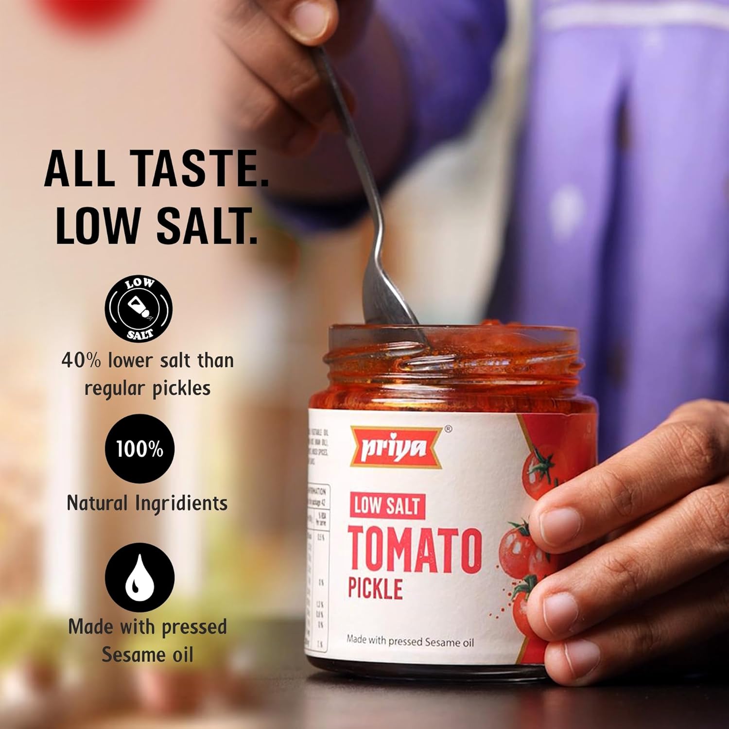 Priya Low Salt Tomato Pickle - 210 gms - Veeha Foods