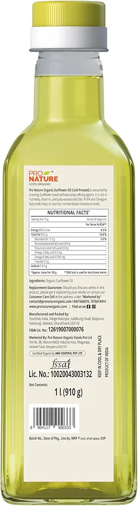 Pro Nature Organic Cold Pressed Sunflower Oil 1 Liter