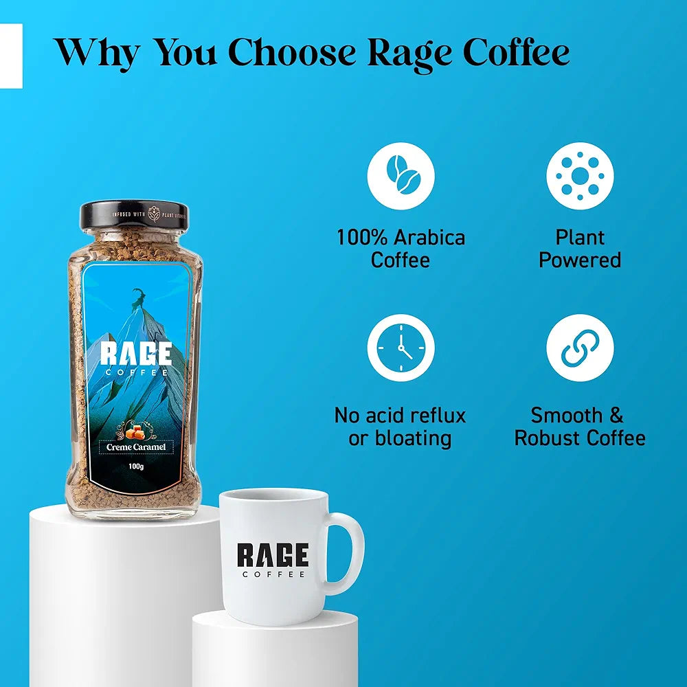 RAGE COFFEE Creme Caramel - Flavored Instant Coffee Powder for both Hot & Cold Coffee, 100% Single Origin Arabica Coffee Beans Powder, Premium Coffee Infused with Plant Vitamins 