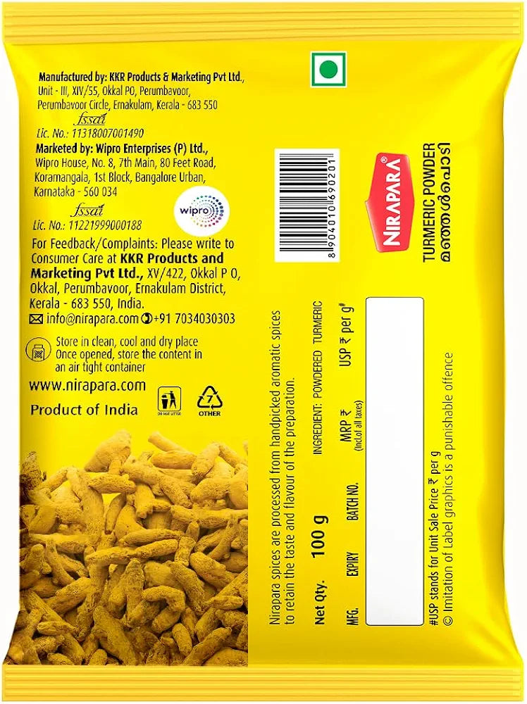 Nirapara Turmeric Powder for Incredible Taste and Flavour| Perfectly Grounded for Rich Texture & Aroma| No Added Flavours & Colours| Hygienically Packed| 100g x 5 | 500 gms