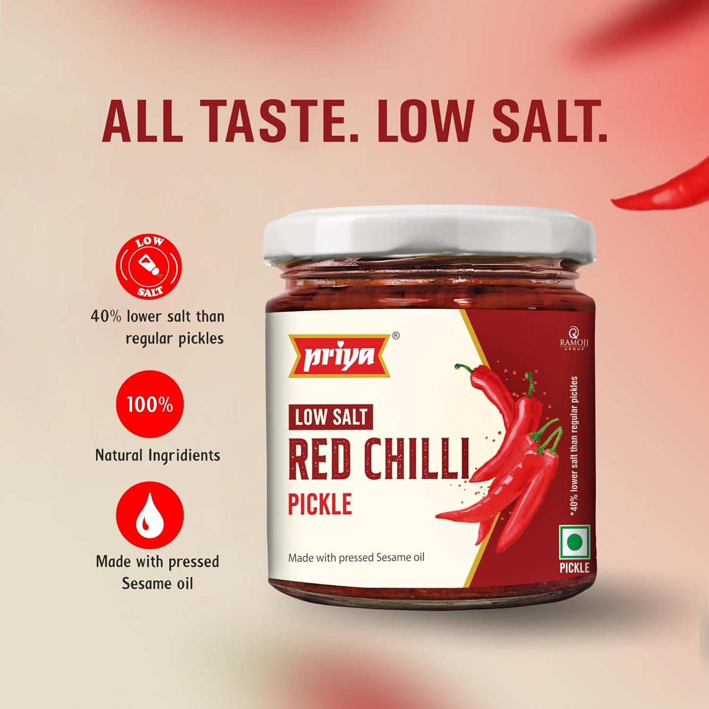 Priya Low Salt Red Chilli Pickle - 210 gms