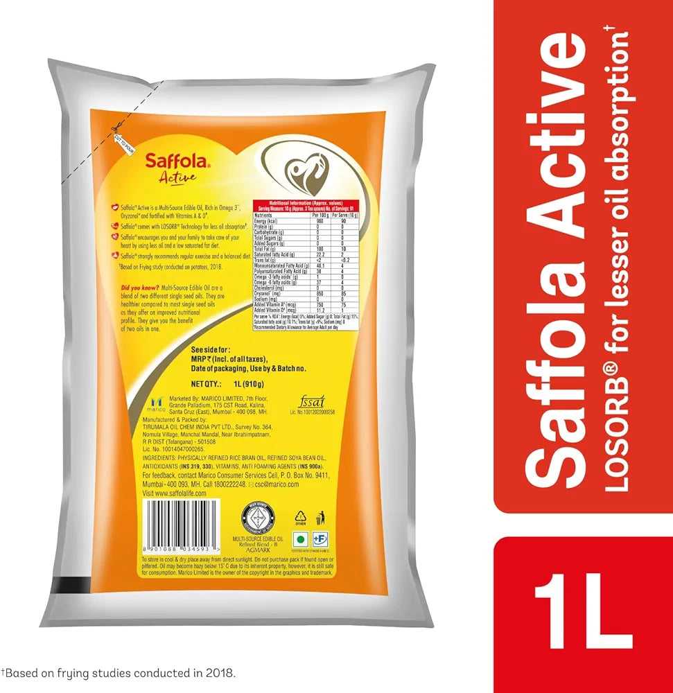 Saffola Active Refined Cooking oil | Rich in Omega 3 & Oryzanol | Multi-Source Edible Rice Bran & SoyaBean oil | 1 Litre pouch