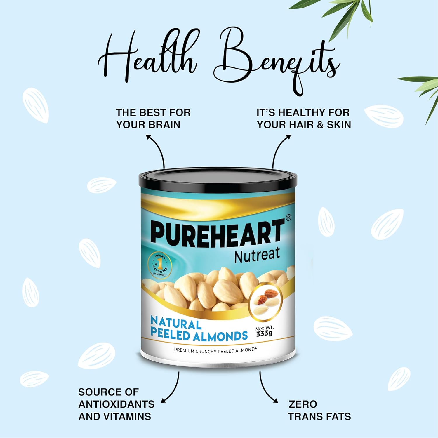 Pureheart Nutreat Natural Peeled Almonds, Premium California Whole Blanched Almond Nuts Without Skin/Dry Fruit, Crunchy Dried Badam