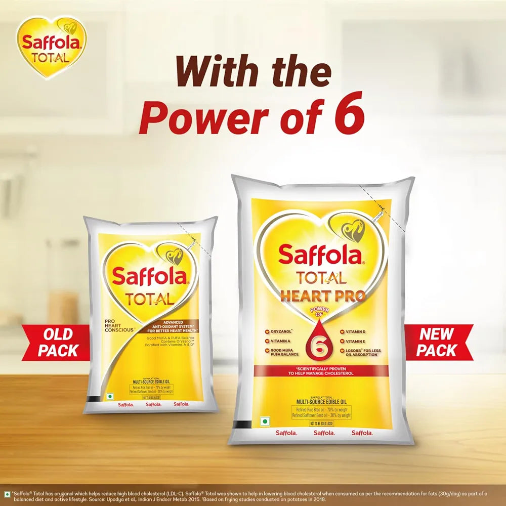 Saffola Total Oil | Heart Pro | Multi source Edible Oil  | Power of 6 | Helps Manage Cholesterol | 1 Litre Pouch