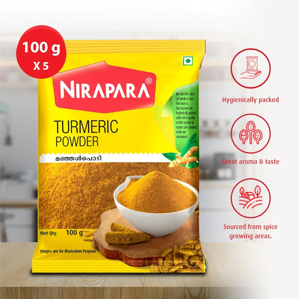 Nirapara Turmeric Powder for Incredible Taste and Flavour| Perfectly Grounded for Rich Texture & Aroma| No Added Flavours & Colours| Hygienically Packed| 100g x 5 | 500 gms