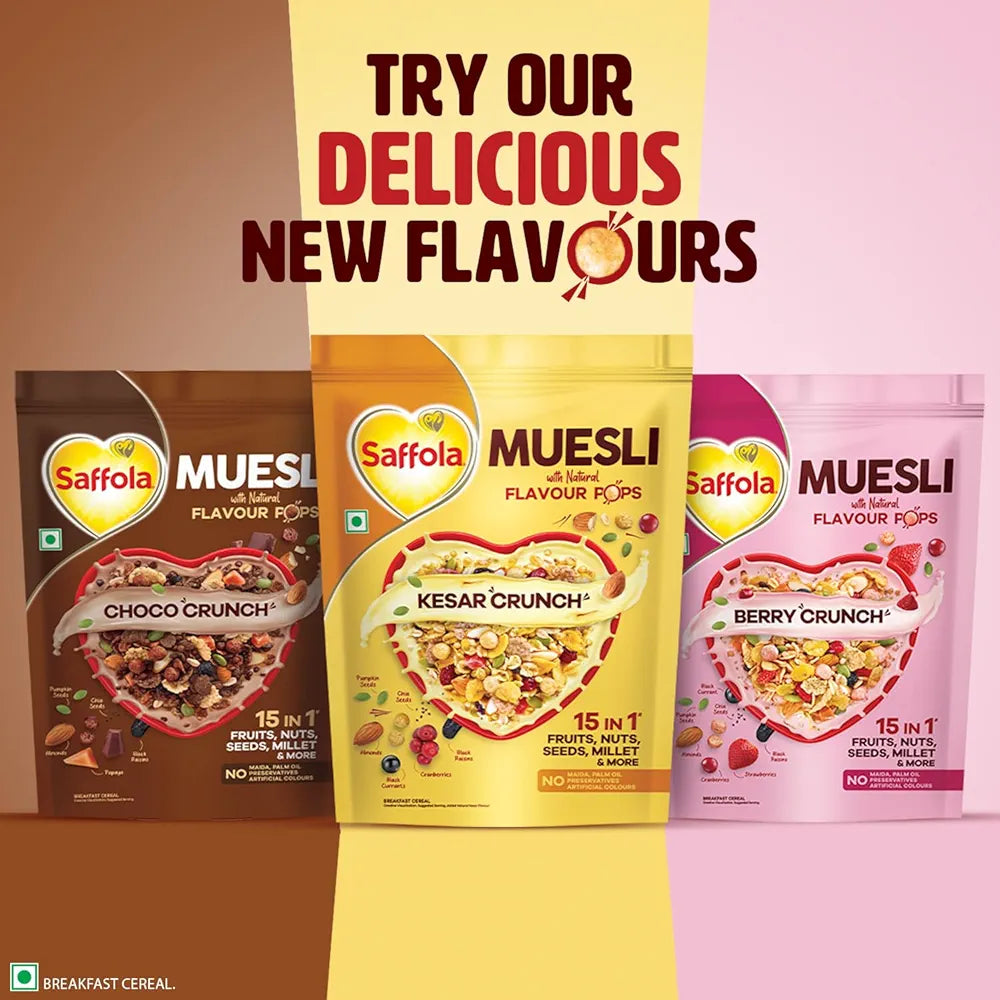 Saffola Muesli Kesar Crunch with Flavour Pops, 450 gm | 15 in 1 Fruit and Nuts, Seeds, Millet & more | Cereals for breakfast with wholegrain, protein, fibre