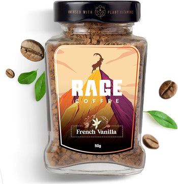 RAGE COFFEE Instant Coffee French Vanilla With 100% Arabica Beans Infused With Plant Based Vitamins| Hot & Cold Coffee | Strong Aroma With Rich Taste - Bottle, 50 Gram