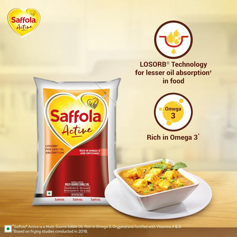 Saffola Active Refined Cooking oil | Rich in Omega 3 & Oryzanol | Multi-Source Edible Rice Bran & SoyaBean oil | 1 Litre pouch