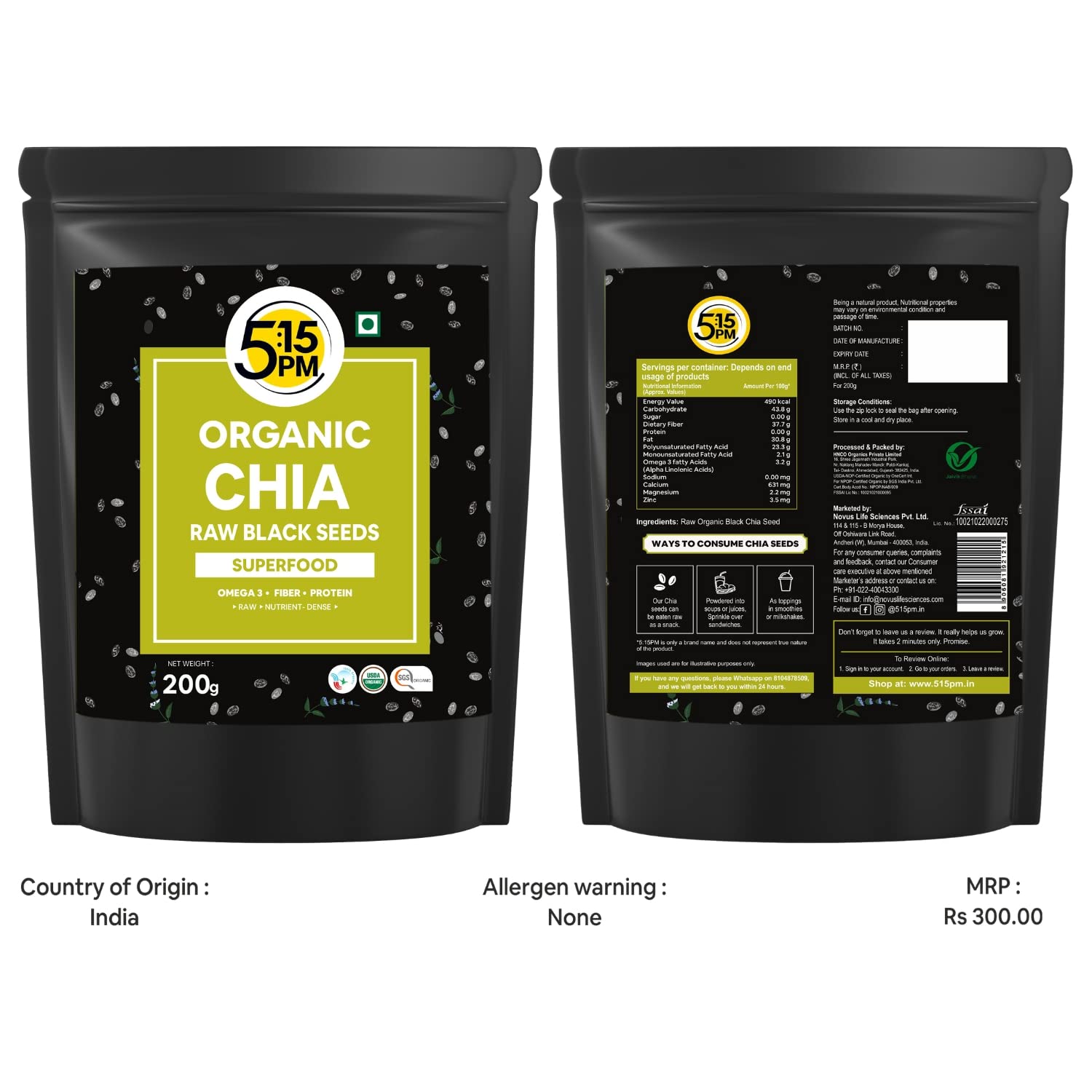 5:15PM Certified Organic Chia Seeds - Raw Unroasted Black Chia Seeds for Eating with Omega 3 and Fiber - 200g