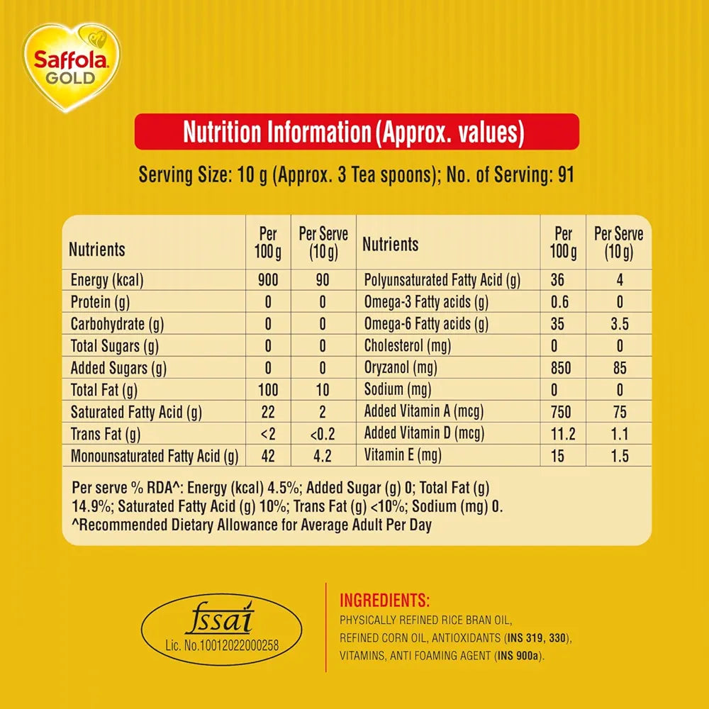 Saffola Gold Refined Cooking oil | Power of 3 - Balance of Good Fats, Triple Anti-Oxidant System & Fortified with Vitamins | Multi-Source Edible Rice Bran & Corn Oil | 1 Litre Pouch