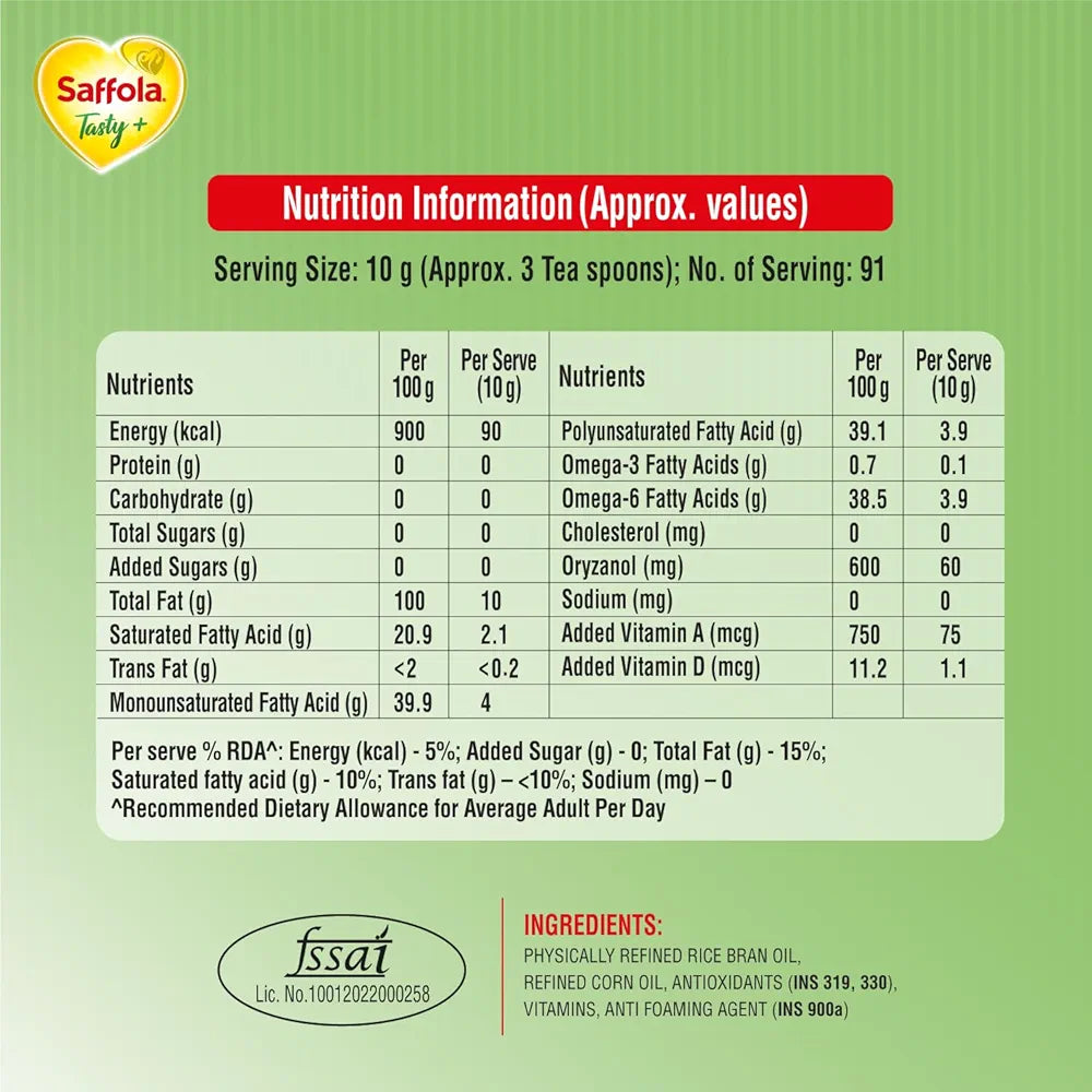 Saffola Tasty + Refined Cooking Oil | Multi-Source Edible Rice Bran & Corn Oil | 50% More Oryzanol | 1 Litre Pouch