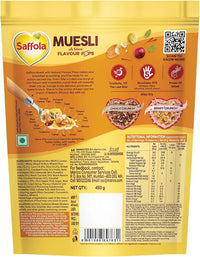 Saffola Muesli Kesar Crunch with Flavour Pops, 450 gm | 15 in 1 Fruit and Nuts, Seeds, Millet & more | Cereals for breakfast with wholegrain, protein, fibre