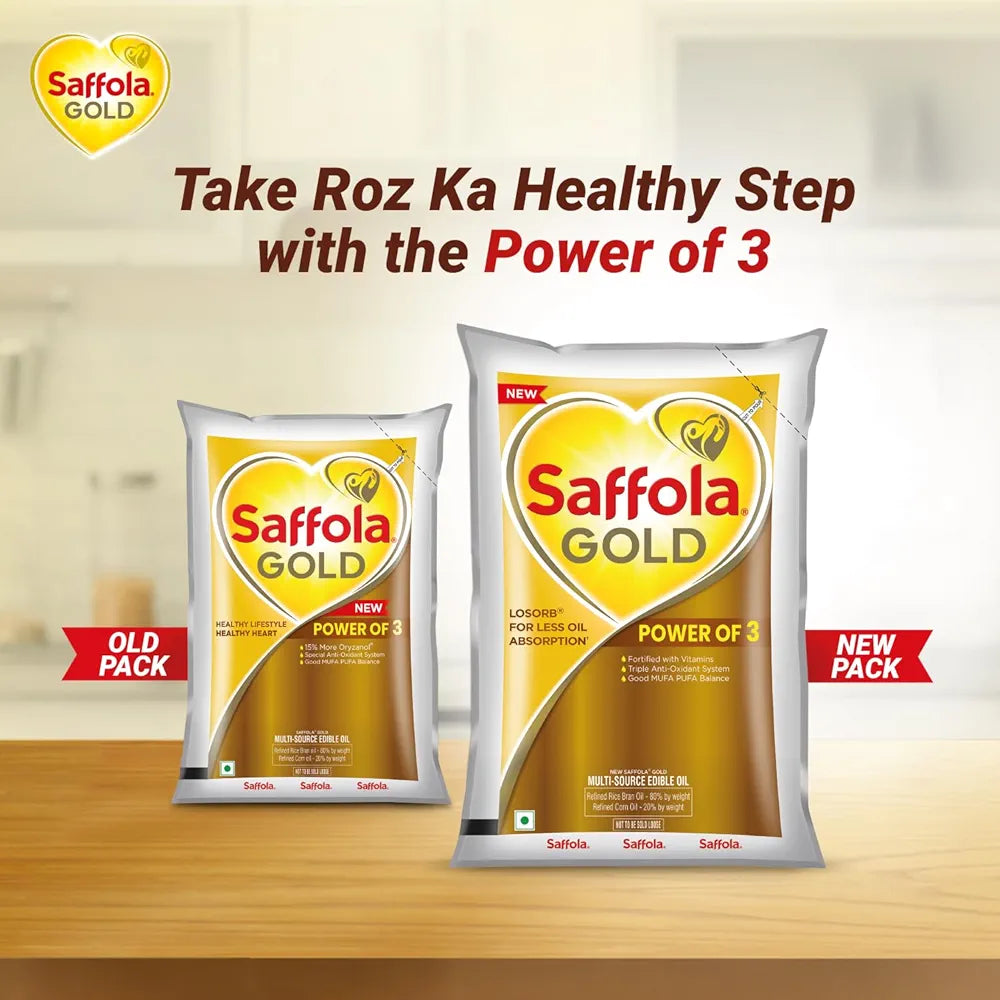 Saffola Gold Refined Cooking oil | Power of 3 - Balance of Good Fats, Triple Anti-Oxidant System & Fortified with Vitamins | Multi-Source Edible Rice Bran & Corn Oil | 1 Litre Pouch