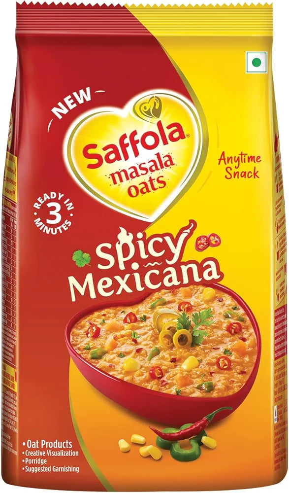 Saffola Masala Oats Spicy Mexican, Spicy Flavoured Rolled Oats with High Fibre, Yummy Anytime Snack, 400g