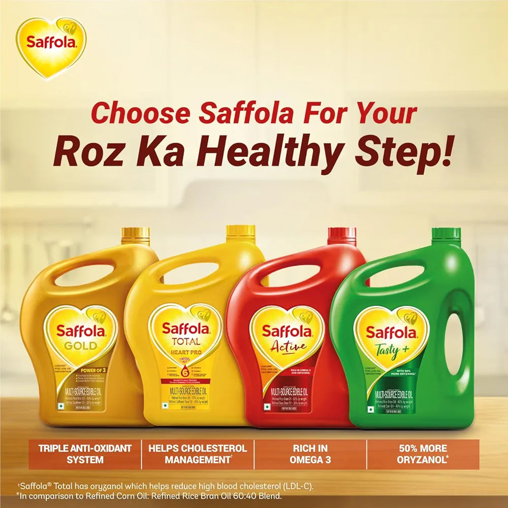 Saffola Gold Refined Cooking oil | Power of 3 - Balance of Good Fats, Triple Anti-Oxidant System & Fortified with Vitamins | Multi-Source Edible Rice Bran & Corn Oil | 1 Litre Pouch